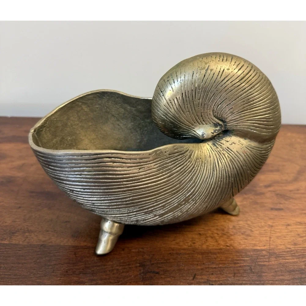 Vintage Brass Nautilus Shell Planter Cachepot Footed MCM Hollywood Regency 8